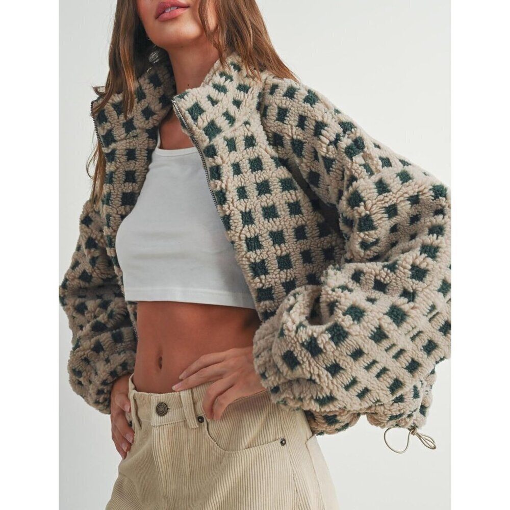 🆕Women's green Cropped Sherpa Fleece Plaid Jacket Chunky Outerwear - Picture 4 of 7